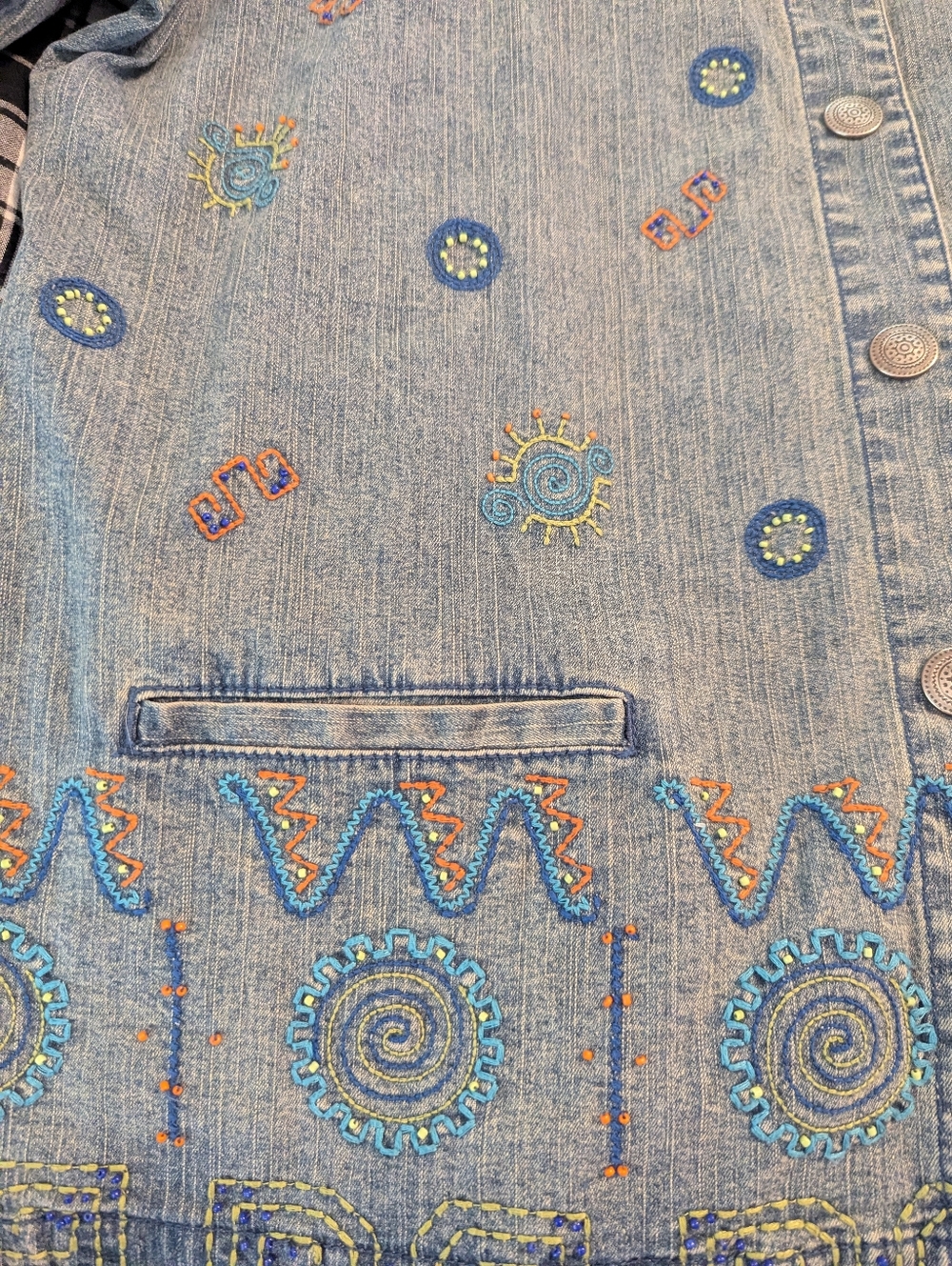 90s Hearts Of Palm Embroidered Beaded Blue Brushed Denim Jean Jacket Women's 18 - Picture 8 of 12